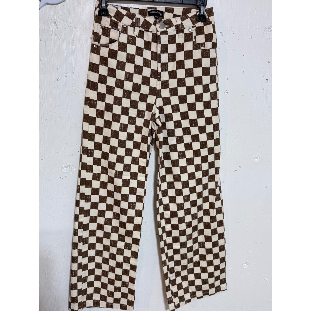 Originality Brown Cream Checkered High Waisted Straight Leg Pants Size L Youth